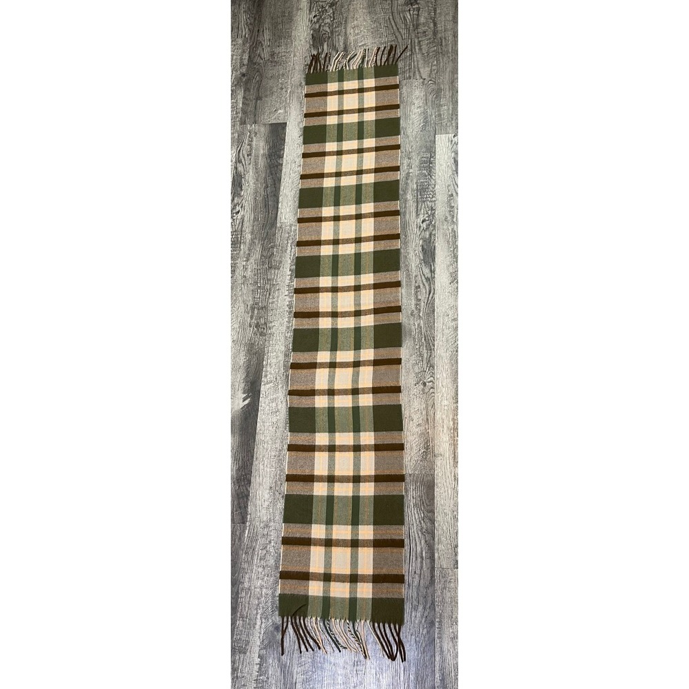 100% Cashmere Plaid Scarf Olive Green Brown Fringe Trim Cozy Luxe Old Money - Picture 5 of 5